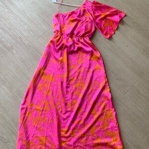 Long pink and Orange one sleeve sun dress with side side split